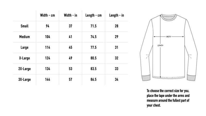 Size chart for 2026 Lineup Longsleeve - Black